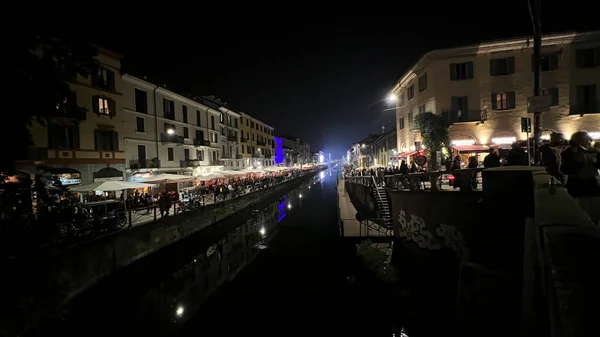 Naviglio Grande Milan Night Lights Reflected Water High Quality Photo — Stock Photo, Image