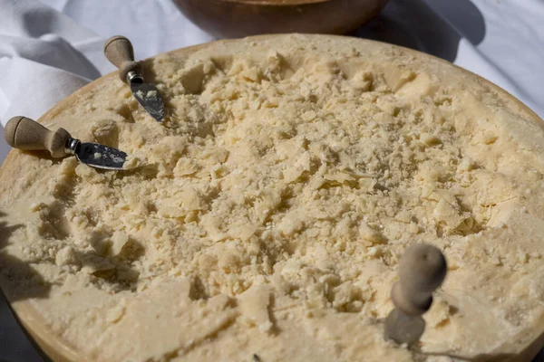 Meia Roda Parmigiano Reggiano Com Facas Corte Recepção Casamento Foto — Fotografia de Stock