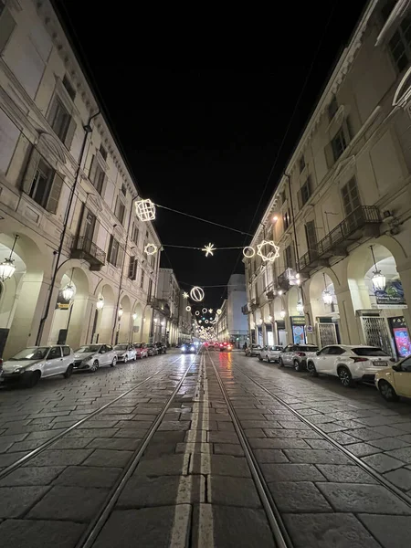 Éclairage Noël Turin Dans Rue Principale Photo Haute Qualité — Photo