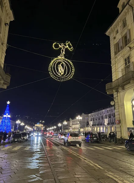 Torino Noel Işıklandırması Ana Caddede Yüksek Kalite Fotoğraf — Stok fotoğraf