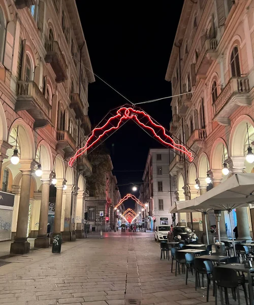 Éclairage Noël Turin Dans Rue Principale Photo Haute Qualité — Photo