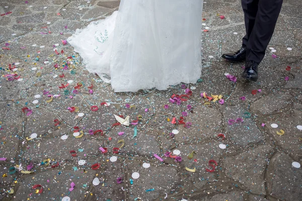 Confetti Rice Left Ground Leaving Church Catholic Wedding Italy High — Stock Photo, Image