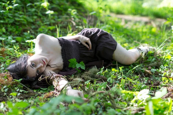 Beautiful Girl Lying Woods Short Brown Dress High Quality Photo — 图库照片