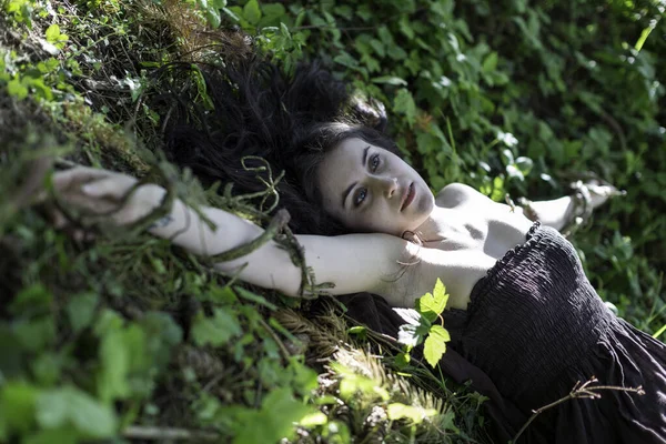 Ormanda kısa kahverengi elbiseli güzel bir kız yatıyor. Yüksek kalite fotoğraf