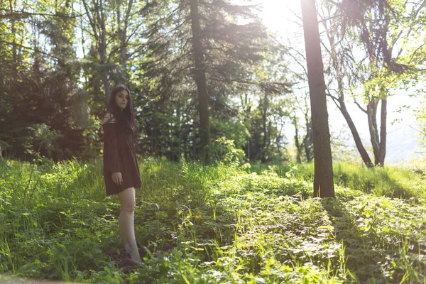 Beautiful Girl Walks Barefoot Woods Short Brown Dress High Quality — 图库照片