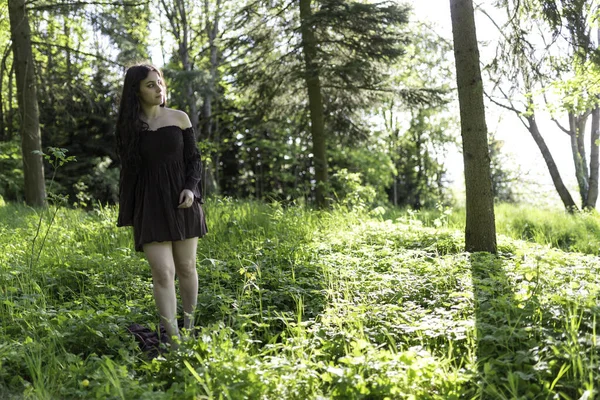 Güzel kız kısa kahverengi elbiseyle ormanda yalınayak yürüyor. Yüksek kalite fotoğraf