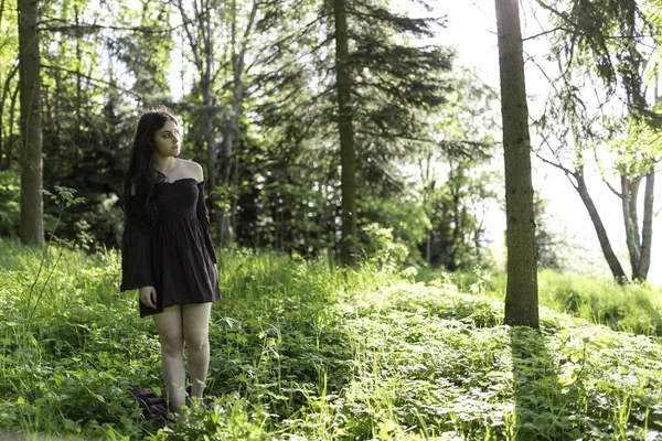 Güzel kız kısa kahverengi elbiseyle ormanda yalınayak yürüyor. Yüksek kalite fotoğraf