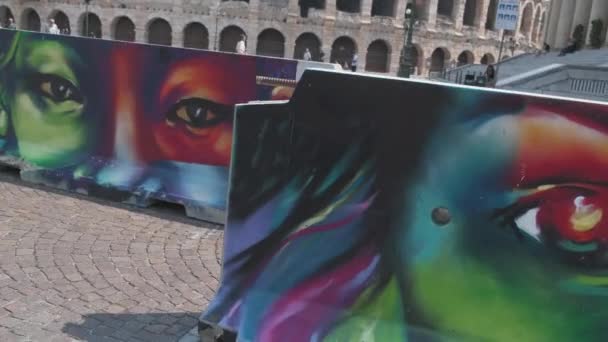 Verona Italy 2019 Overview Traffic Dividers Painted Eyes Various Colors — Stock Video
