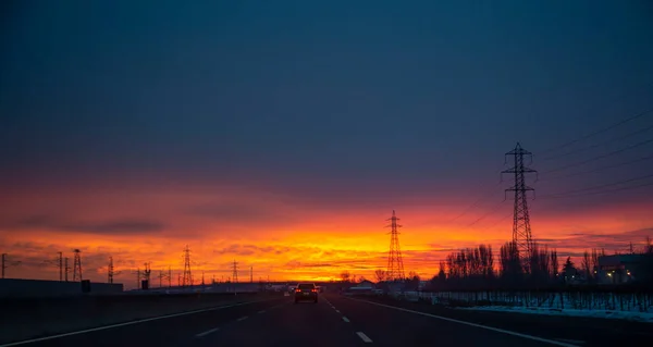 Highway Trip Sunset Background Italy High Quality Photo — Zdjęcie stockowe