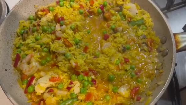 Pan Rice Paella Vegetables Seafood — Vídeo de stock