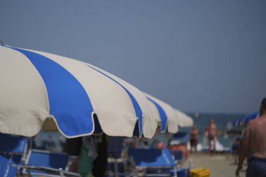 open umbrellas moved by the wind on the Romagna Riviera in summer. High quality photo
