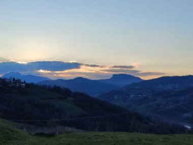 Renkli gökyüzü, çimen ve çivi yapraklarıyla güzel bir gün batımı. Yüksek kalite fotoğraf