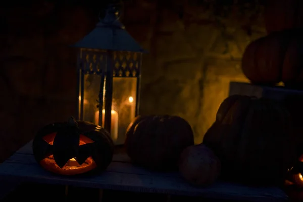 Set Halloween Pumpkins Carved Monsters Lit Candles High Quality Photo — Stock Photo, Image