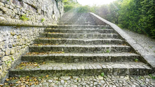 Taş duvarlı eski ortaçağ taş merdivenleri. Yüksek kalite fotoğraf