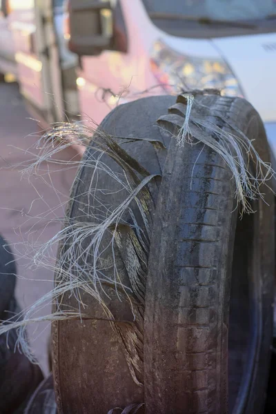 Drift Car Tires Destroyed Sports Session Steel Wire Belted Evidence — Stock Photo, Image