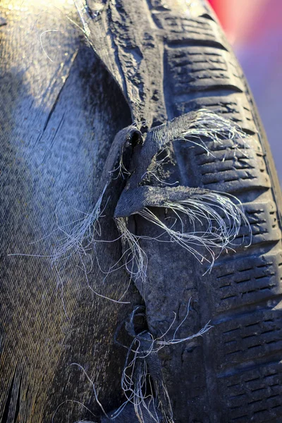 Drift Car Tires Destroyed Sports Session Steel Wire Belted Evidence — Stock Photo, Image