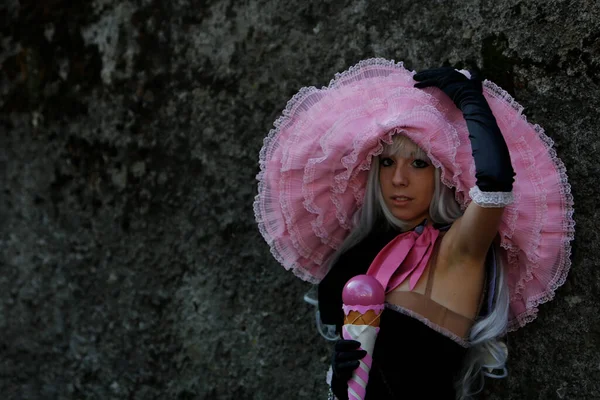 stock image Lucca, Italy - 2018 10 31 : Lucca Comics free cosplay event around city singer with pink microphone. High quality photo