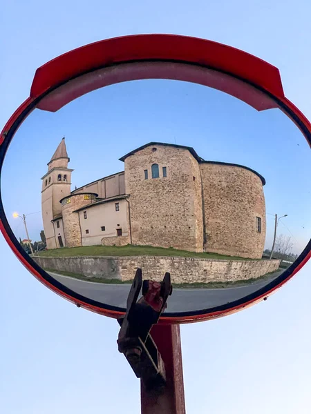 Church Bibbiano Reggio Emilia Reflected Street Mirror High Quality Photo — Stock Photo, Image