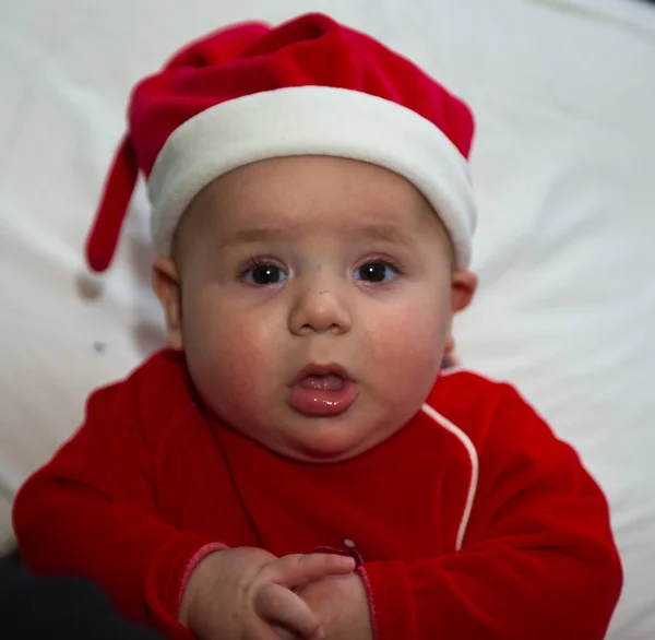Ritratto Bellissimo Bambino Con Cappello Vestito Babbo Natale Foto Alta — Foto Stock