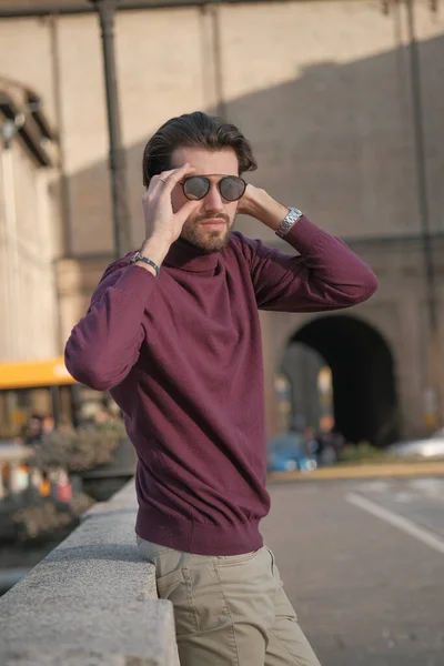 Beautiful Italian Dark Haired Boy Leaning Pilotta Bridge Parma Sunglasses — Stock Photo, Image