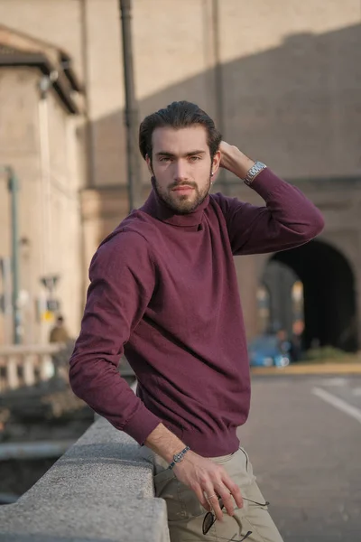 Beautiful Italian Dark Haired Boy Leaning Pilotta Bridge Parma High — Stock Photo, Image