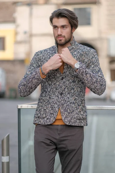 Beautiful Elegant Italian Dark Haired Guy Jacket Center Parma High — Stock Photo, Image