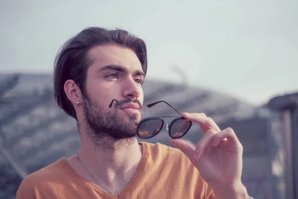 Beautiful Italian Dark Haired Guy Mirrored Sunglasses High Quality Photo — Stock Photo, Image