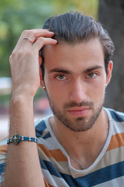 Portrait Handsome Italian Dark Haired Boy Striped Shirt High Quality — Zdjęcie stockowe