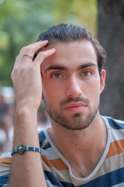 Portrait Handsome Italian Dark Haired Boy Striped Shirt High Quality —  Fotos de Stock