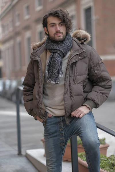 Handsome Italian Dark Haired Guy Beard City Center Jacket High — Fotografia de Stock