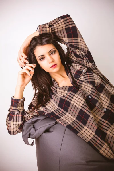 Beautiful Brunette Italian Girl Posing Checkered Shirt High Quality Photo — стоковое фото