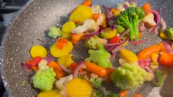 Mixed Vegetables Peppers Carrots Cauliflower Broccoli Cooked Pan High Quality — Stockvideo