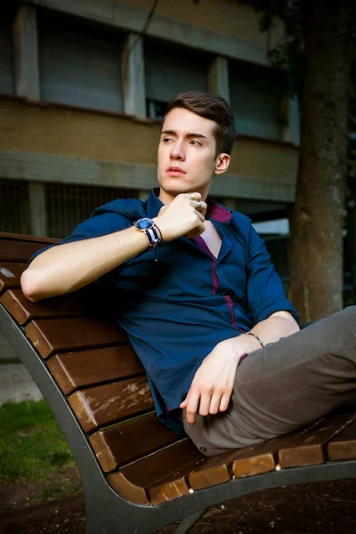 At kuyruklu güzel çocuk parkta bankta oturuyor. Yüksek kalite fotoğraf