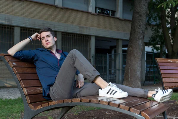 At kuyruklu güzel çocuk parkta bankta oturuyor. Yüksek kalite fotoğraf