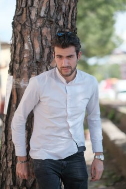 Yakışıklı, siyah saçlı, güneş gözlüklü, geniş çam gövdesine yaslanmış bir çocuk. Yüksek kalite fotoğraf