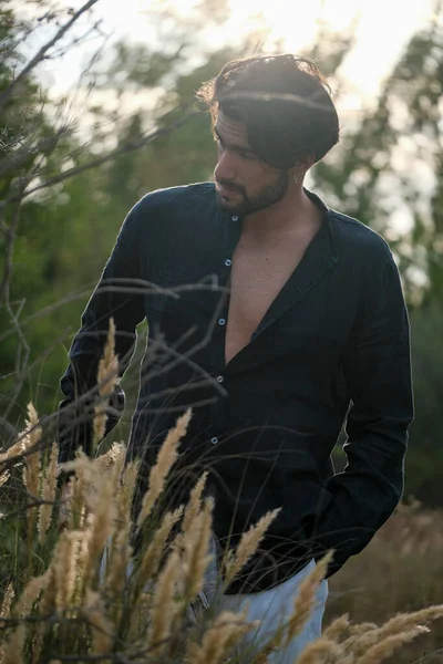 英俊的意大利黑头发小伙子 衬衫插在干草里 高质量的照片 — 图库照片