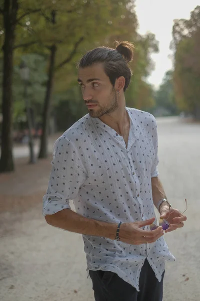 Handsome Italian Dark Haired Boy Shirt Strolls Ducal Park Parma — Fotografia de Stock