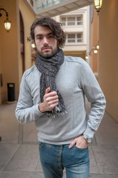 Handsome Italian Dark Haired Boy Sweater Scarf High Quality Photo — Stock Photo, Image