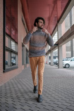 Ortasında çizgili süveter olan yakışıklı, siyah saçlı bir İtalyan. Yüksek kalite fotoğraf