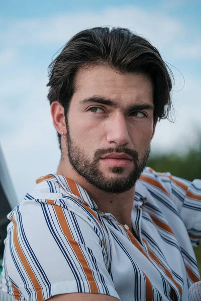 Handsome Italian Dark Haired Guy Striped Shirt High Quality Photo — ストック写真