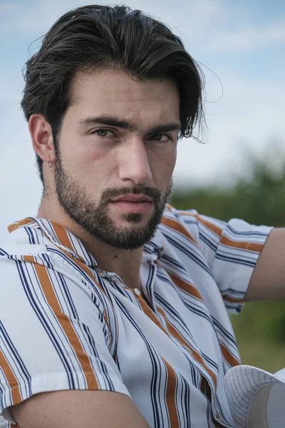 Handsome Italian Dark Haired Guy Striped Shirt High Quality Photo — Fotografia de Stock