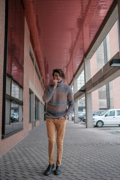 Ortasında çizgili süveter olan yakışıklı, siyah saçlı bir İtalyan. Yüksek kalite fotoğraf