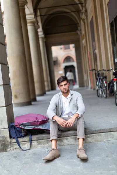 Handsome Italian Dark Haired Boy Desperate Broken Dreams Sitting Elegant — Stock Photo, Image