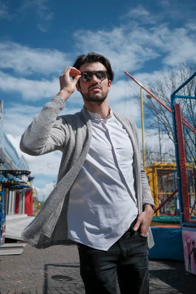 Beautiful Italian Dark Haired Boy Walks Abandoned Funfair High Quality — Stok fotoğraf