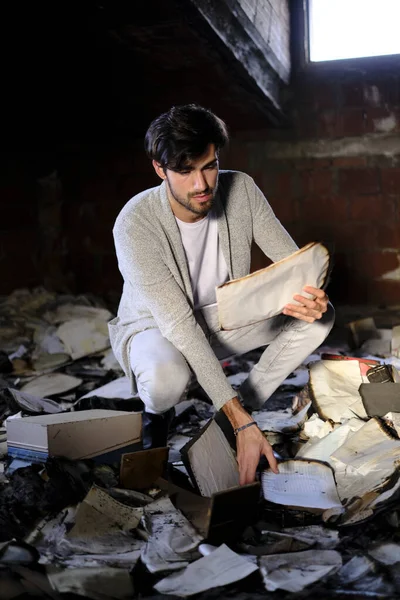 Beautiful Italian Dark Haired Boy Collects Old Burnt Documents High — Fotografia de Stock