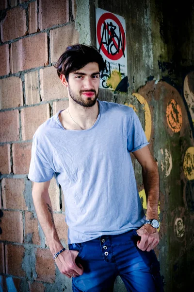 Handsome Dark Haired Italian Guy Decadent Abandoned Factory High Quality — Stock Photo, Image