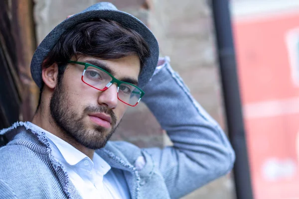 Handsome Italian Dark Haired Guy Hat Eyeglasses High Quality Photo — стоковое фото