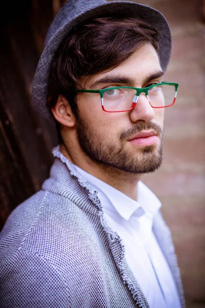 Handsome Italian Dark Haired Guy Elegant Hat Glasses High Quality — стоковое фото