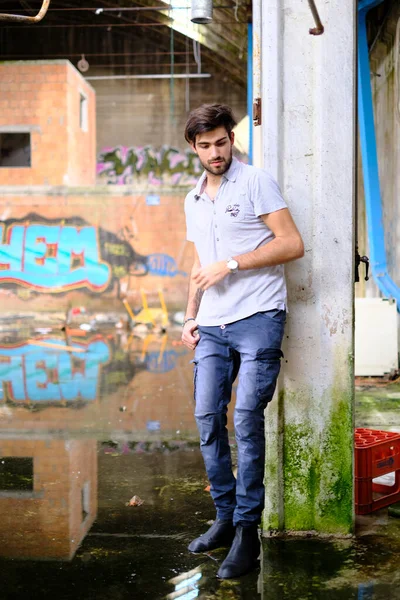 Handsome Dark Haired Italian Guy Decadent Abandoned Factory High Quality — Stok fotoğraf