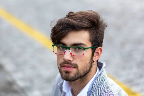 Handsome Italian Dark Haired Boy Sitting Train Platform Station High — Stok fotoğraf